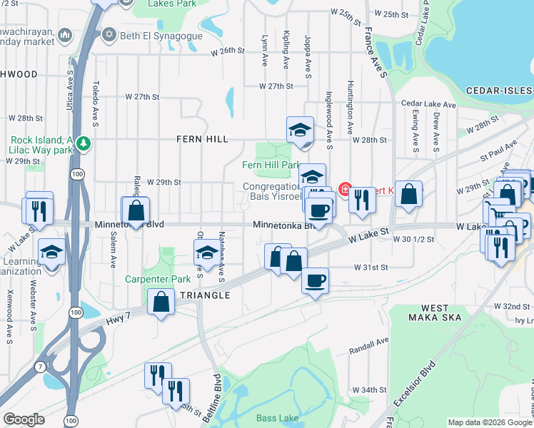 map of restaurants, bars, coffee shops, grocery stores, and more near 4450 Minnetonka Boulevard in Minneapolis