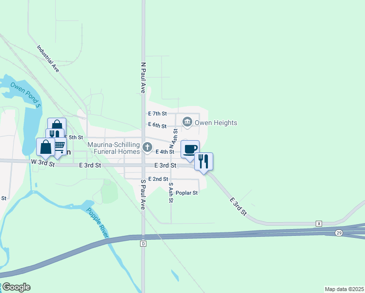map of restaurants, bars, coffee shops, grocery stores, and more near 714 East 4th Street in Owen