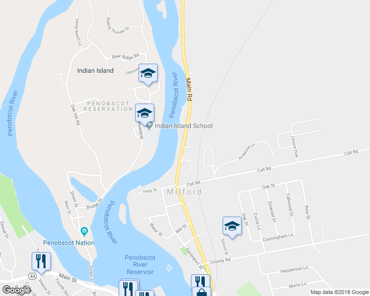 map of restaurants, bars, coffee shops, grocery stores, and more near 111 Main Road in Milford