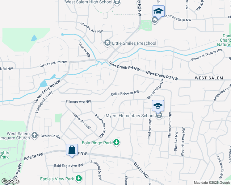 map of restaurants, bars, coffee shops, grocery stores, and more near 2469 Dalke Ridge Drive Northwest in Salem
