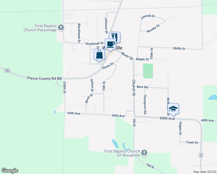 map of restaurants, bars, coffee shops, grocery stores, and more near 303 Spruce Drive in Woodville