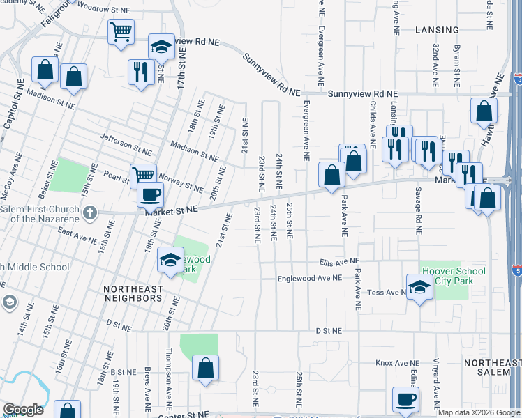 map of restaurants, bars, coffee shops, grocery stores, and more near 1570 23rd Street Northeast in Salem