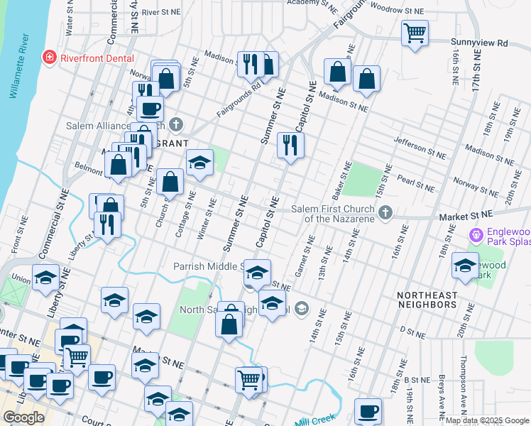 map of restaurants, bars, coffee shops, grocery stores, and more near 980 Market Street Northeast in Salem
