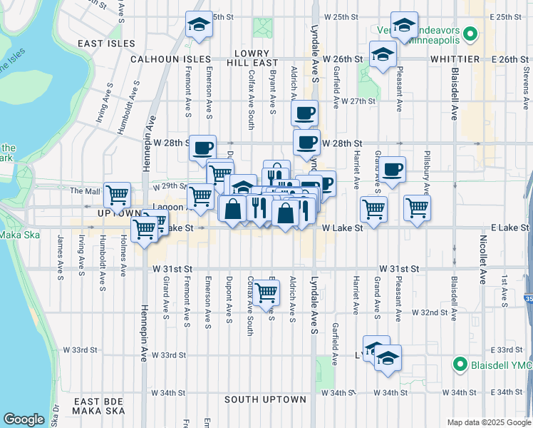 map of restaurants, bars, coffee shops, grocery stores, and more near 2932 Bryant Avenue South in Minneapolis