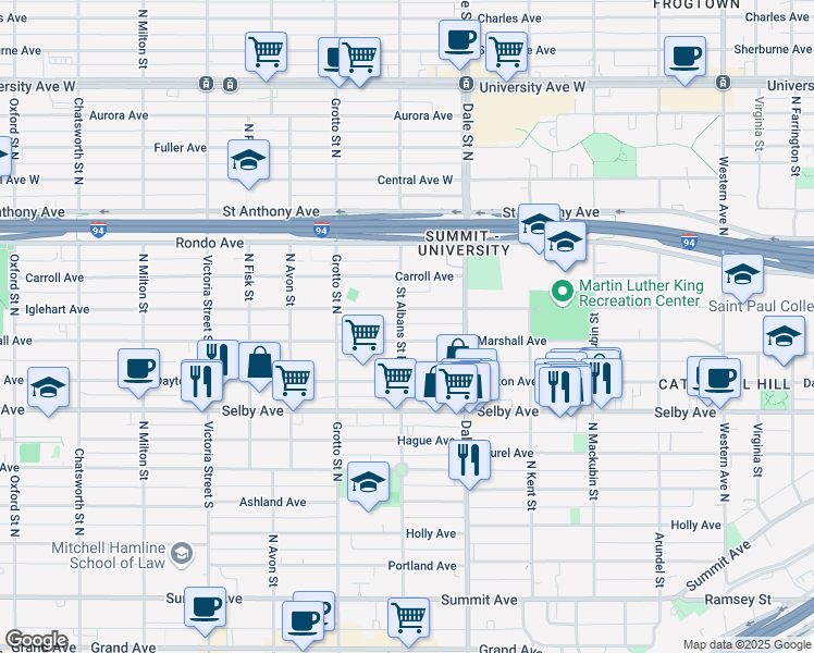 map of restaurants, bars, coffee shops, grocery stores, and more near 256 Saint Albans Street North in Saint Paul