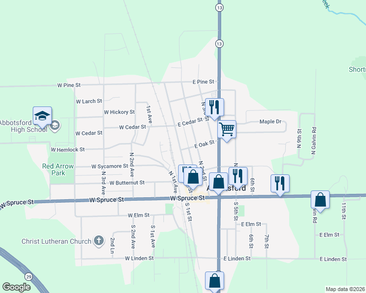 map of restaurants, bars, coffee shops, grocery stores, and more near 300 North 1st Street in Abbotsford