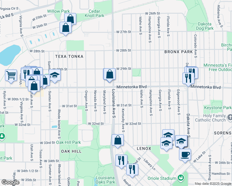 map of restaurants, bars, coffee shops, grocery stores, and more near 3015 Louisiana Avenue South in Minneapolis