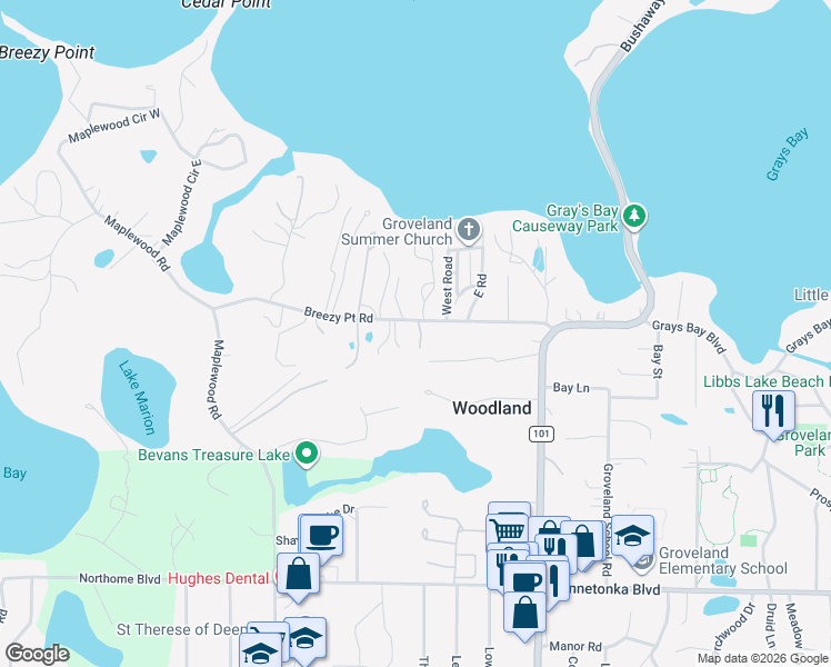 map of restaurants, bars, coffee shops, grocery stores, and more near 17875 Breezy Point Road in Wayzata