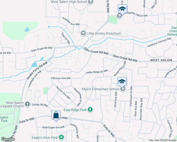 map of restaurants, bars, coffee shops, grocery stores, and more near 2469 Dalke Ridge Drive Northwest in Salem