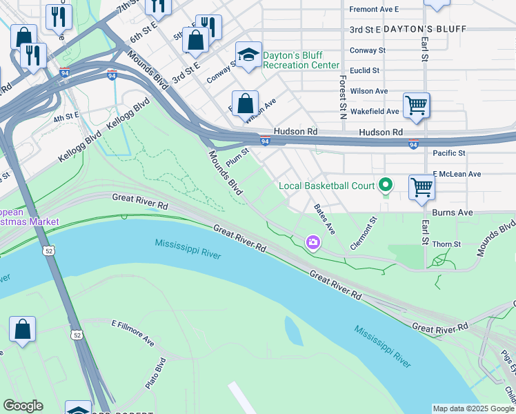 map of restaurants, bars, coffee shops, grocery stores, and more near 134 Mounds Boulevard in Saint Paul