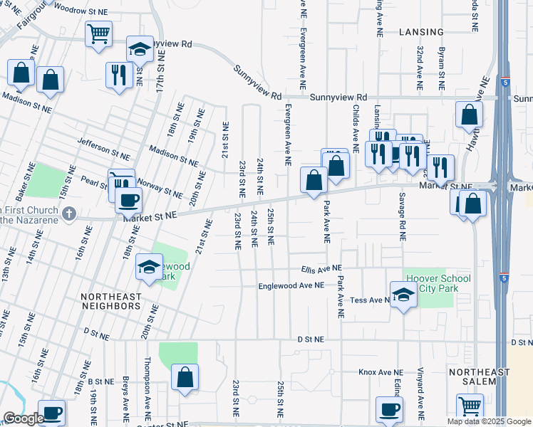 map of restaurants, bars, coffee shops, grocery stores, and more near 1585 25th Street Northeast in Salem