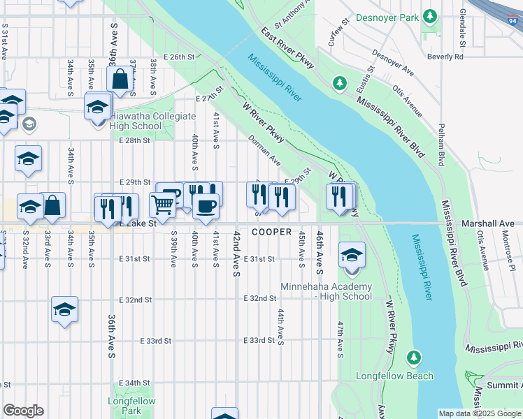 map of restaurants, bars, coffee shops, grocery stores, and more near 2939 43rd Avenue South in Minneapolis