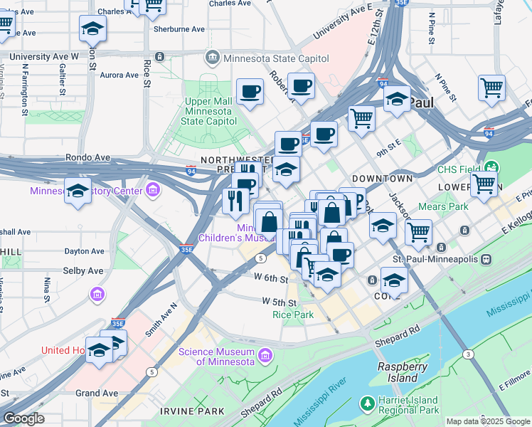 map of restaurants, bars, coffee shops, grocery stores, and more near 17 West Exchange Street in Saint Paul