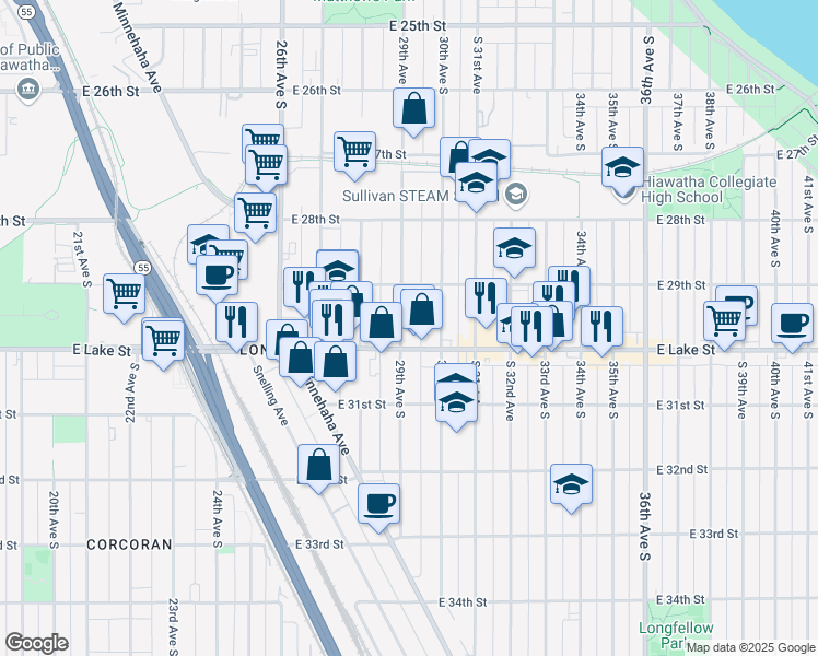 map of restaurants, bars, coffee shops, grocery stores, and more near 2933 29th Avenue South in Minneapolis