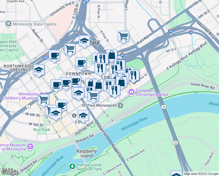 map of restaurants, bars, coffee shops, grocery stores, and more near 240 5th Street East in Saint Paul