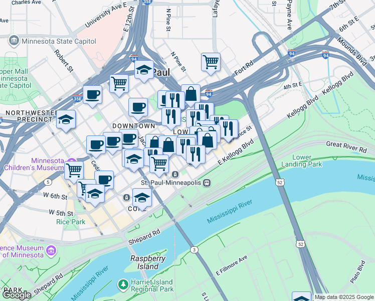 map of restaurants, bars, coffee shops, grocery stores, and more near 240 5th Street East in Saint Paul