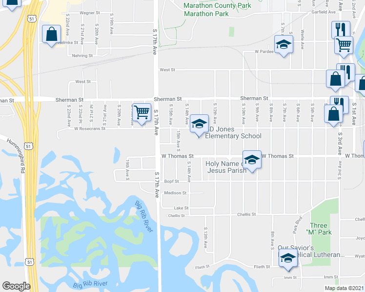 map of restaurants, bars, coffee shops, grocery stores, and more near 1029 South 15th Avenue in Wausau