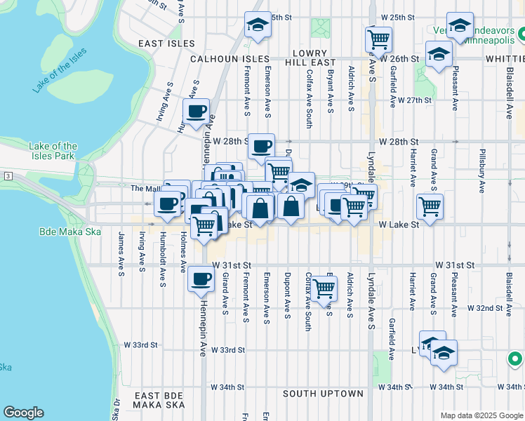 map of restaurants, bars, coffee shops, grocery stores, and more near 1215 Lagoon Avenue in Minneapolis