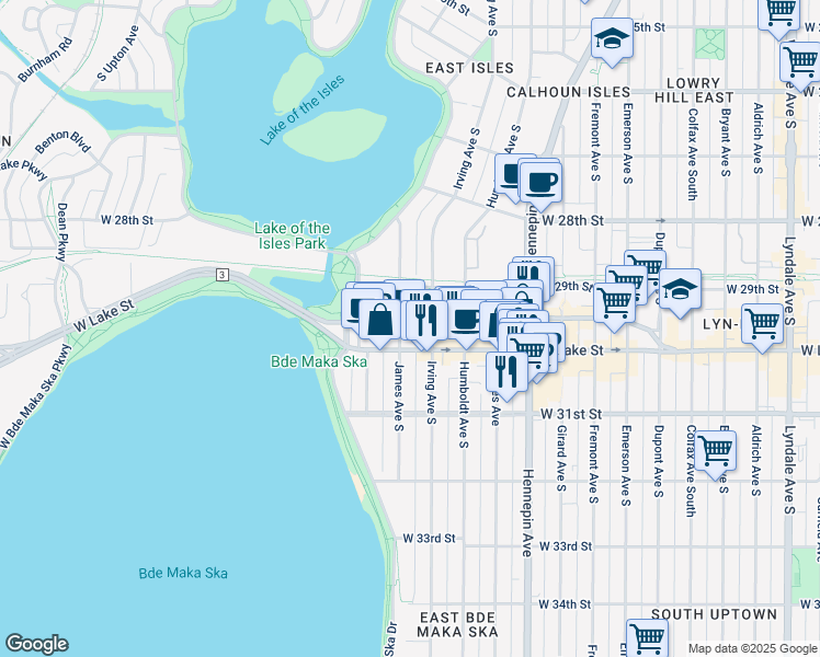 map of restaurants, bars, coffee shops, grocery stores, and more near 1619 Lagoon Avenue in Minneapolis