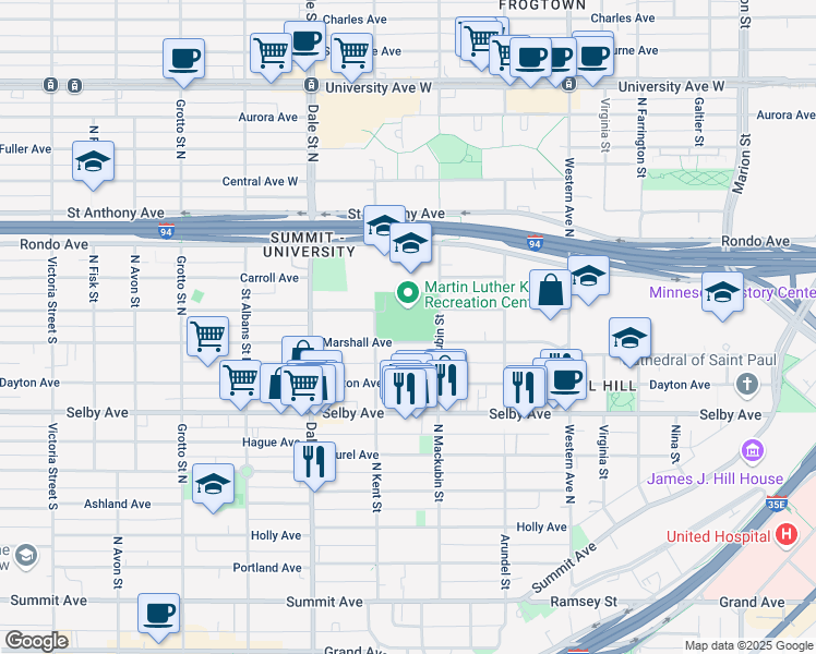 map of restaurants, bars, coffee shops, grocery stores, and more near 271 North Mackubin Street in Saint Paul