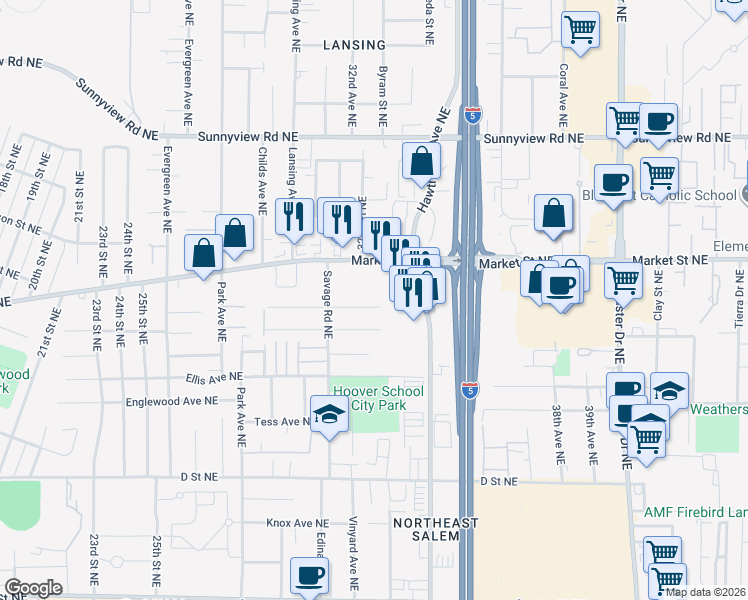 map of restaurants, bars, coffee shops, grocery stores, and more near 3291-3293 Alberta Avenue Northeast in Salem