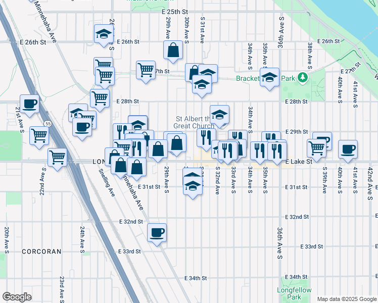 map of restaurants, bars, coffee shops, grocery stores, and more near 2933 30th Avenue South in Minneapolis