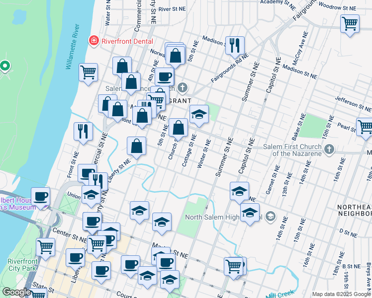 map of restaurants, bars, coffee shops, grocery stores, and more near 1065 Cottage Street Northeast in Salem