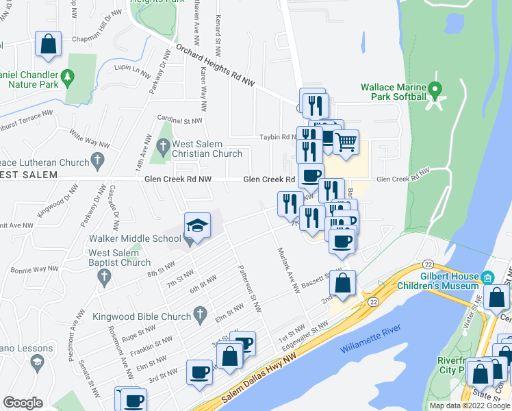 map of restaurants, bars, coffee shops, grocery stores, and more near 825 9th Street Northwest in Salem