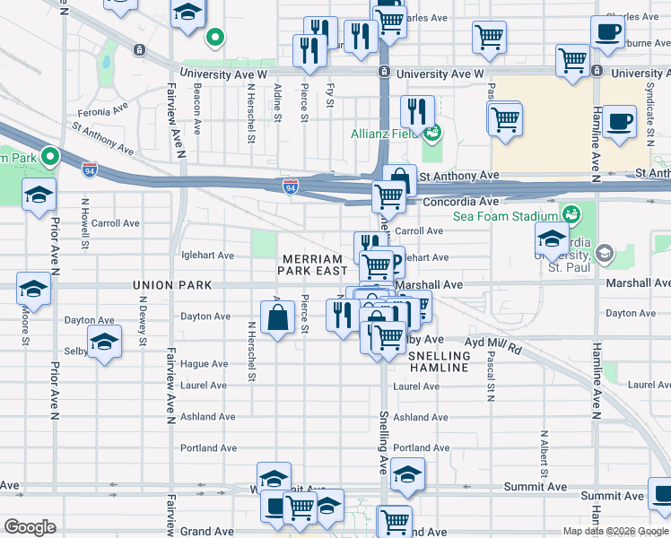 map of restaurants, bars, coffee shops, grocery stores, and more near 259 North Fry Street in Saint Paul