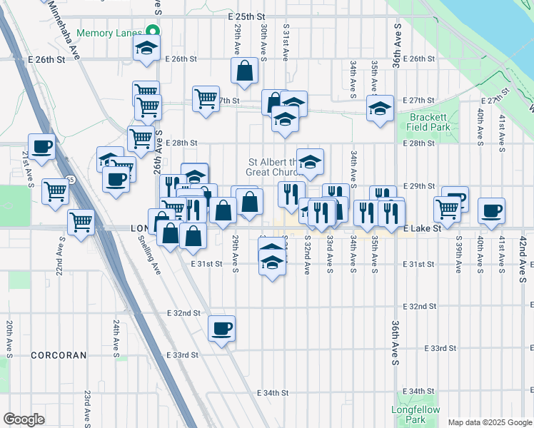 map of restaurants, bars, coffee shops, grocery stores, and more near 2933 30th Avenue South in Minneapolis