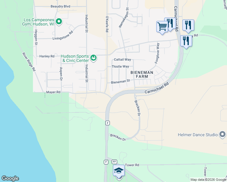 map of restaurants, bars, coffee shops, grocery stores, and more near 1914 Shasta Drive in Hudson