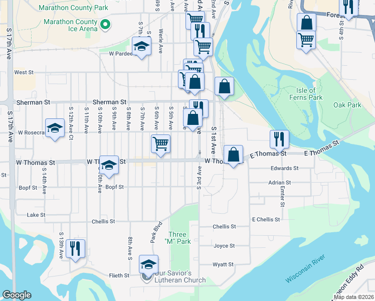 map of restaurants, bars, coffee shops, grocery stores, and more near 1025 South 4th Avenue in Wausau