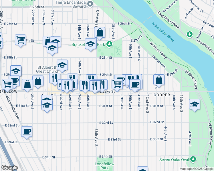 map of restaurants, bars, coffee shops, grocery stores, and more near 2937 37th Avenue South in Minneapolis