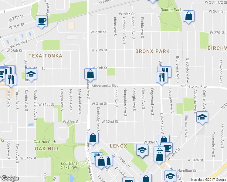 map of restaurants, bars, coffee shops, grocery stores, and more near 3016 Idaho Avenue South in Minneapolis