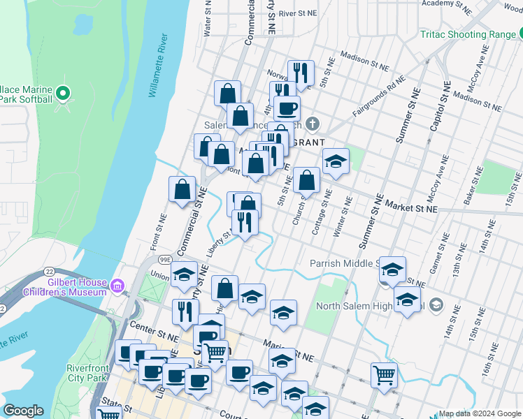 map of restaurants, bars, coffee shops, grocery stores, and more near 995 5th Street Northeast in Salem