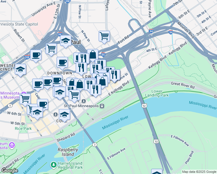 map of restaurants, bars, coffee shops, grocery stores, and more near 340 North Broadway Street in Saint Paul