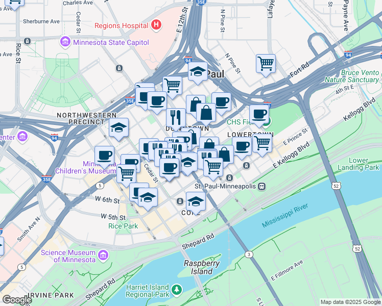map of restaurants, bars, coffee shops, grocery stores, and more near 400 Robert Street North in Saint Paul