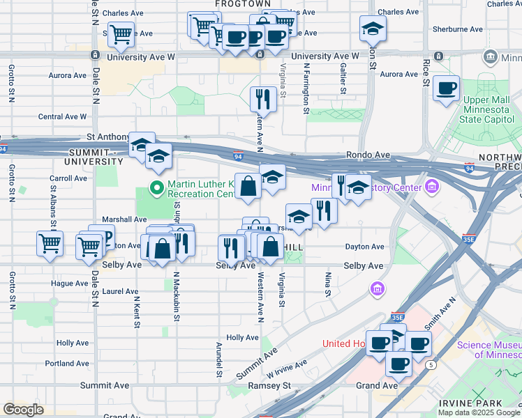 map of restaurants, bars, coffee shops, grocery stores, and more near 355 Marshall Avenue in Saint Paul