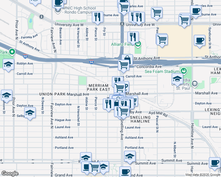 map of restaurants, bars, coffee shops, grocery stores, and more near 1605 Marshall Avenue in Saint Paul