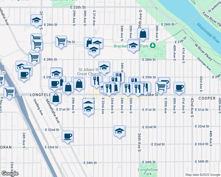 map of restaurants, bars, coffee shops, grocery stores, and more near 3207 East Lake Street in Minneapolis