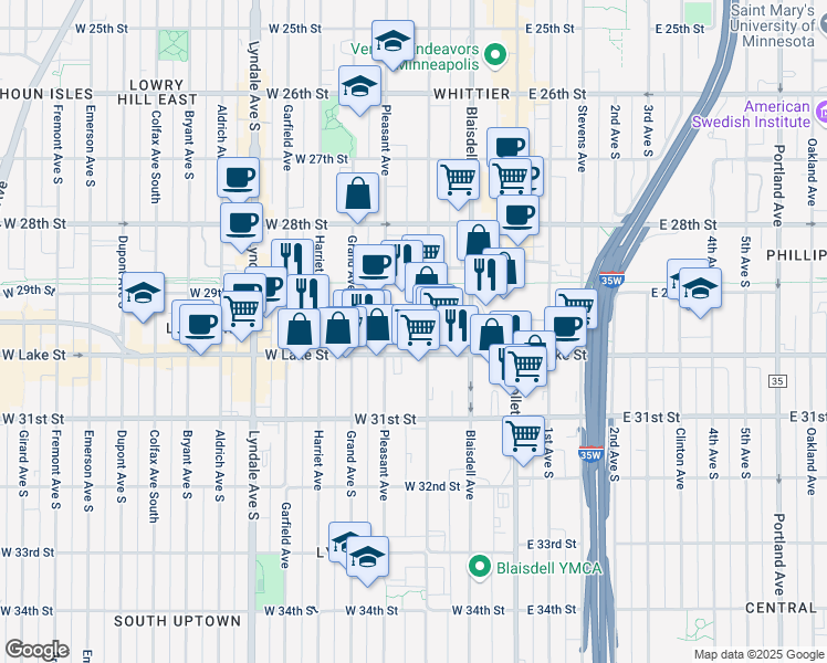 map of restaurants, bars, coffee shops, grocery stores, and more near in Minneapolis