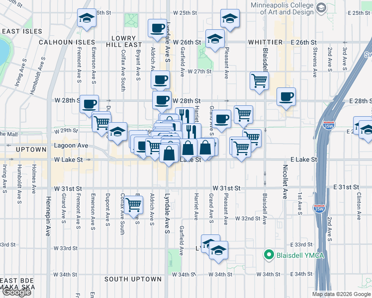 map of restaurants, bars, coffee shops, grocery stores, and more near 2945 Garfield Avenue in Minneapolis
