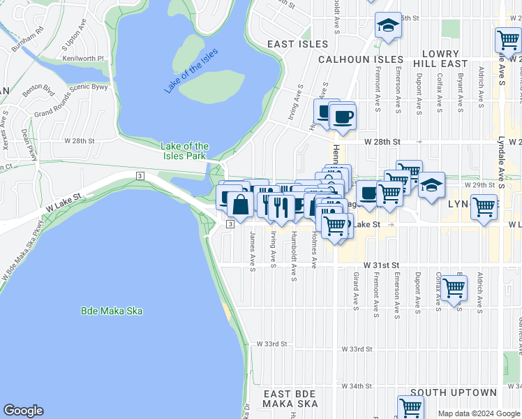 map of restaurants, bars, coffee shops, grocery stores, and more near 1619 Lagoon Avenue in Minneapolis