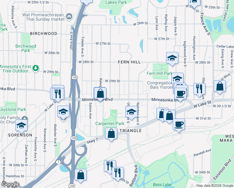 map of restaurants, bars, coffee shops, grocery stores, and more near 2940 Princeton in Minneapolis