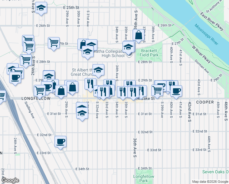 map of restaurants, bars, coffee shops, grocery stores, and more near 2932 34th Avenue South in Minneapolis