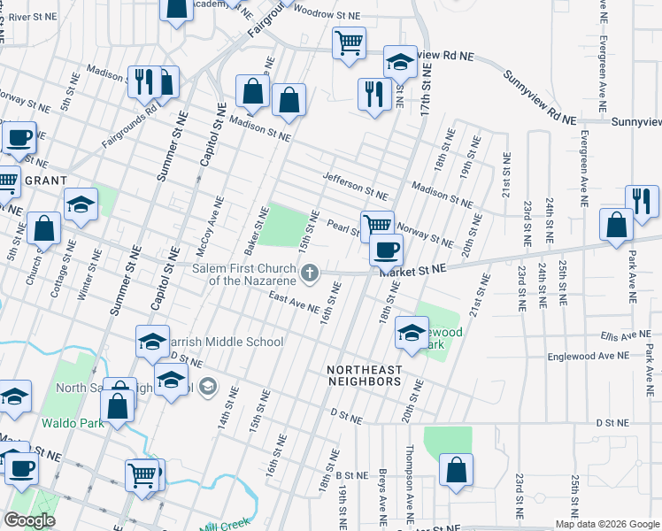 map of restaurants, bars, coffee shops, grocery stores, and more near 1581 Market Street Northeast in Salem