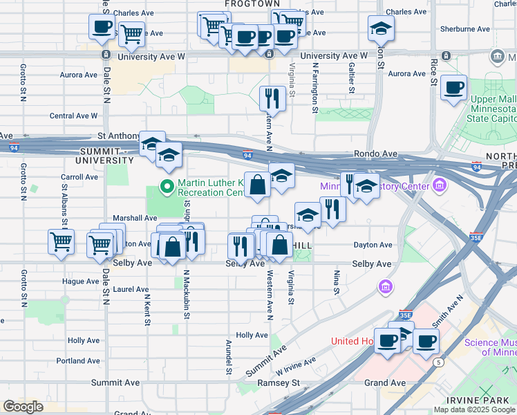 map of restaurants, bars, coffee shops, grocery stores, and more near 393 Marshall Avenue in Saint Paul