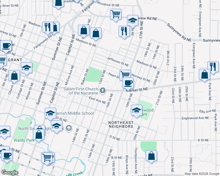 map of restaurants, bars, coffee shops, grocery stores, and more near 1583 Market Street Northeast in Salem