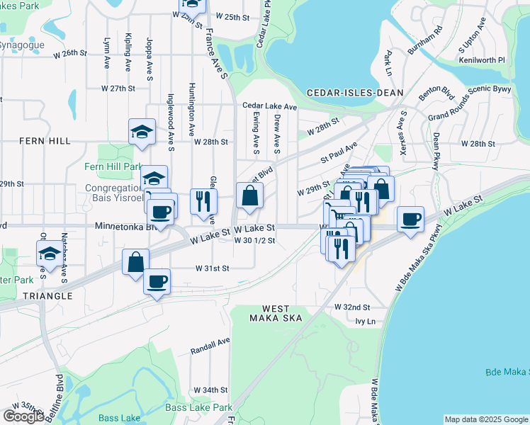 map of restaurants, bars, coffee shops, grocery stores, and more near 2923 Ewing Avenue South in Minneapolis