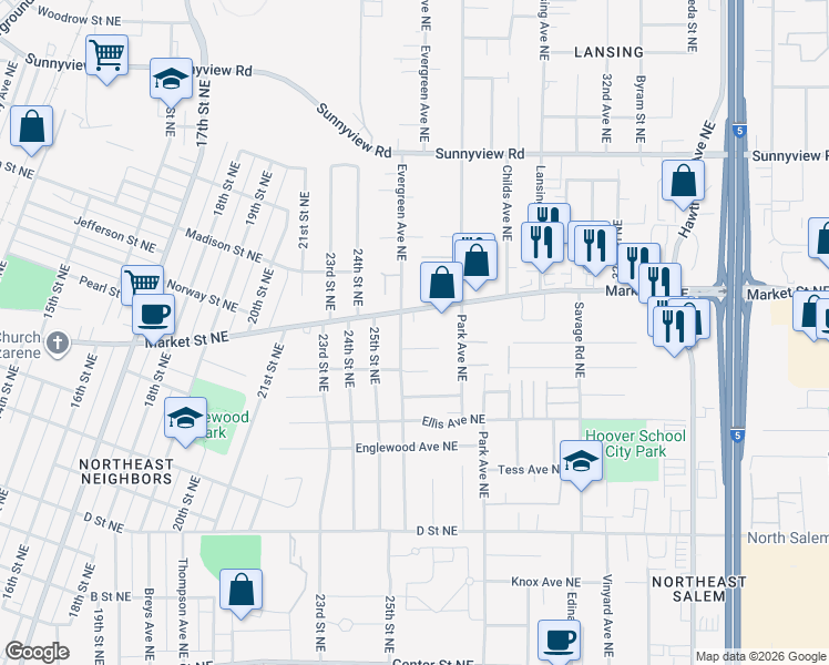 map of restaurants, bars, coffee shops, grocery stores, and more near 1552 Evergreen Avenue Northeast in Salem